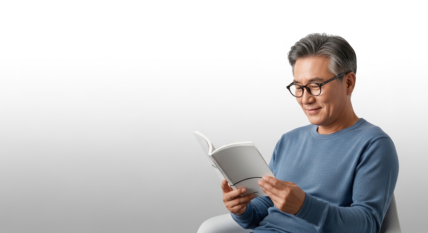 노안 진행으로 인해 여러 개의 돋보기 안경을 번갈아 써야 하는 번거로움을 표현한 이미지